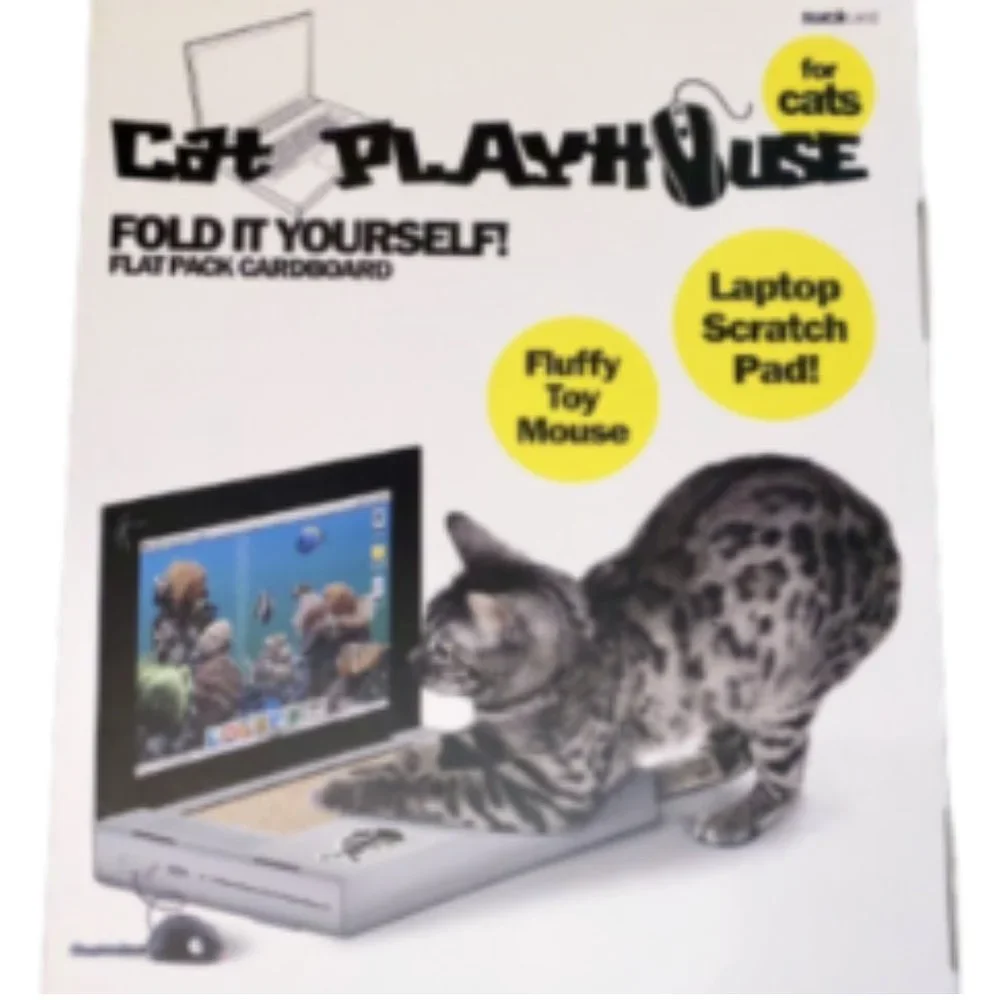 Cat Playhouse Cardboard Laptop Scratcher Pad with Fluffy Toy Mouse